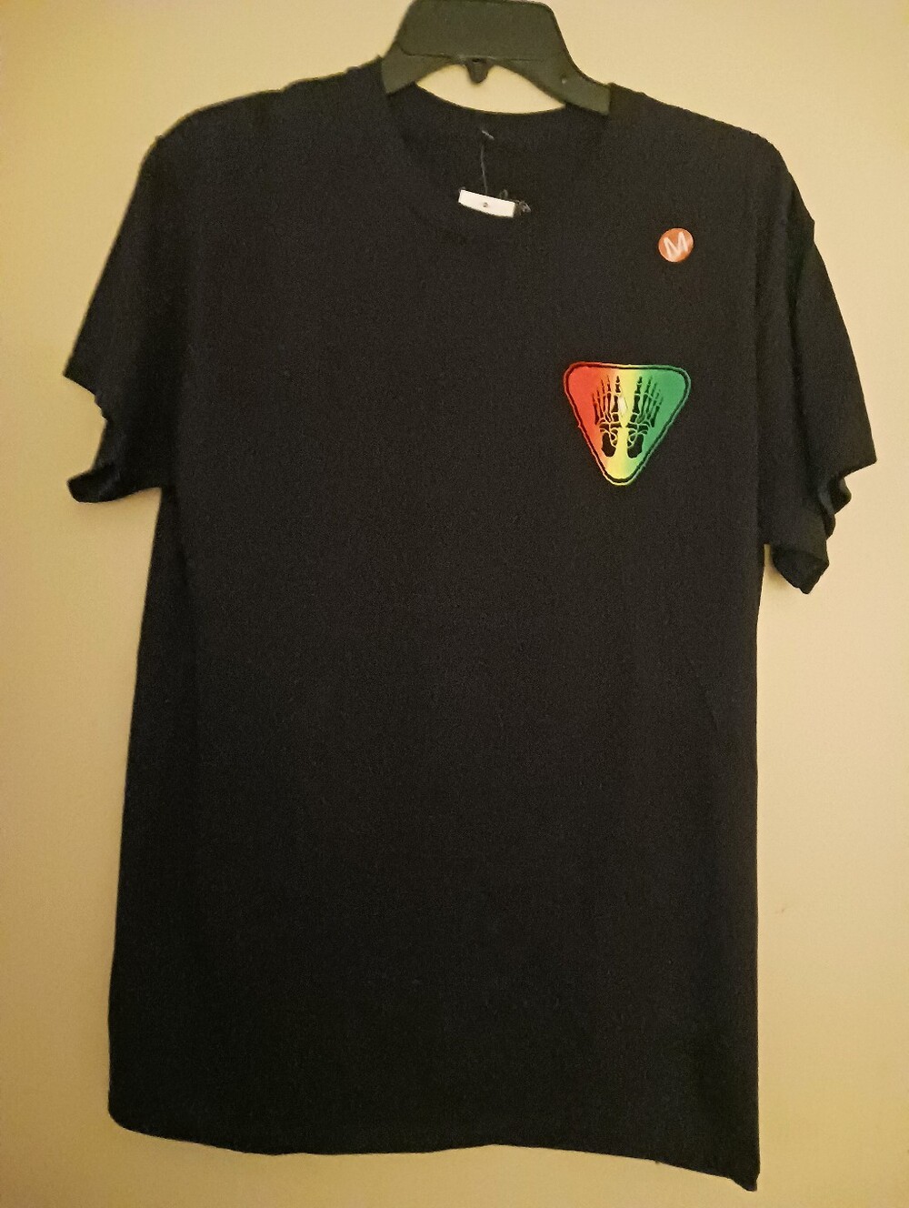 Black Graphic Triangle Logo Tee with Red-Green-Yellow Accent By Bone Bag Sz M